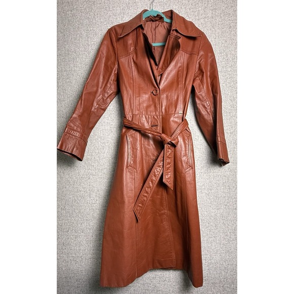 Jackets & Blazers - Vintage 70s Rust Brown Orange Leather Full Length Trench Coat Made Korea SMALL